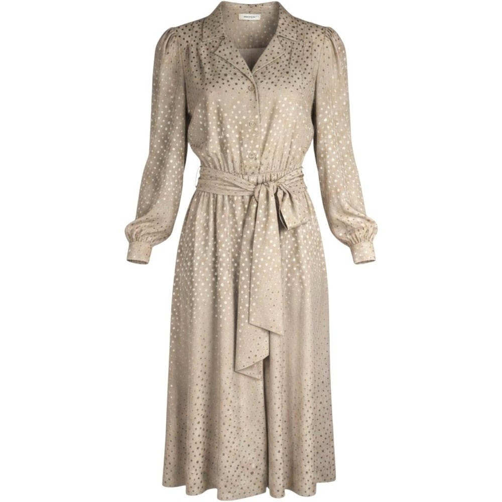 Vtg 80s SILK Taupe Jacquard Polka Dot  Dress Tie Waist Long Sleeve